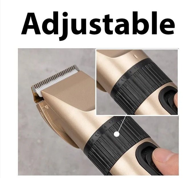 Close-up of a gold professional adjustable hair clipper with a black dial and a finger pressing the power button