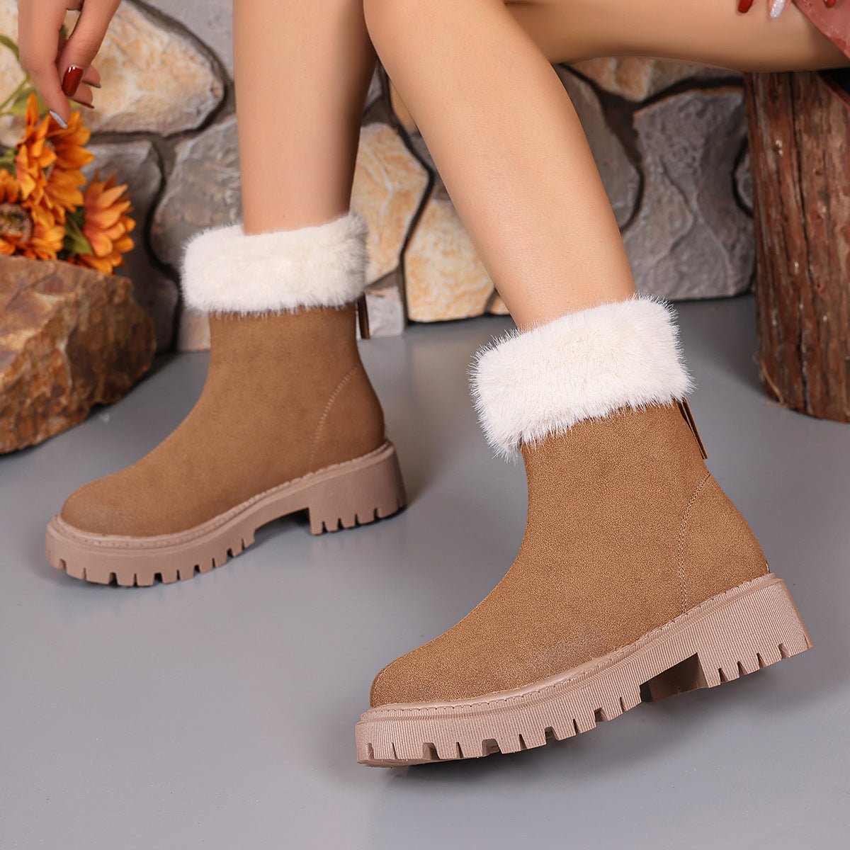 Square - heeled Snow Boots Winter Plus Velvet Platform Plush Shoes Fashion Warm Non - slip Mid - calf Boot For Women - JonaStore