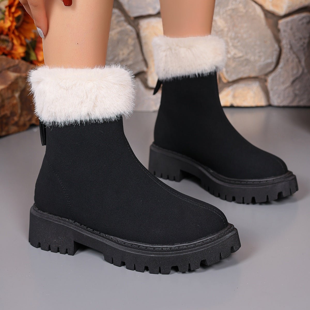 Square - heeled Snow Boots Winter Plus Velvet Platform Plush Shoes Fashion Warm Non - slip Mid - calf Boot For Women - JonaStore