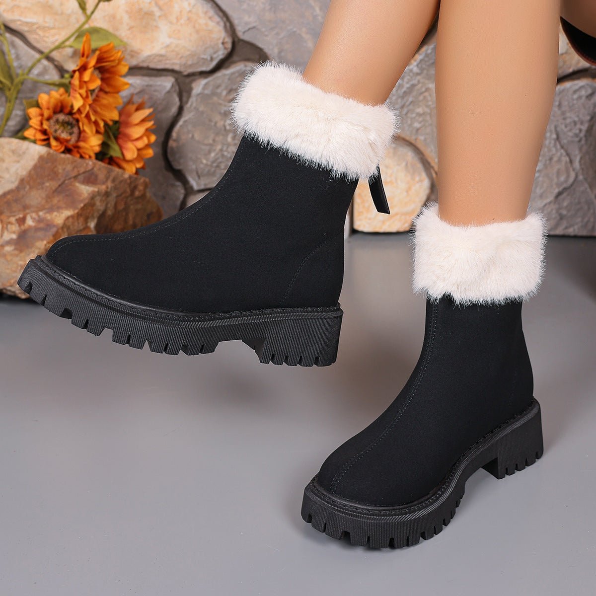 Square - heeled Snow Boots Winter Plus Velvet Platform Plush Shoes Fashion Warm Non - slip Mid - calf Boot For Women - JonaStore