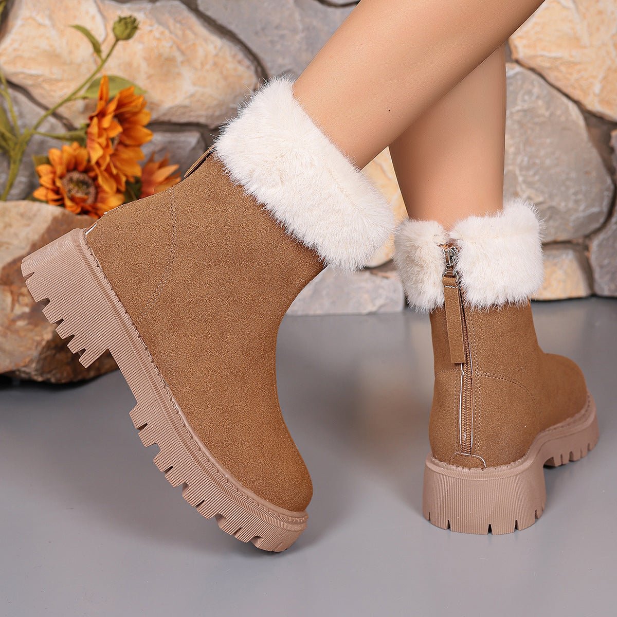 Square - heeled Snow Boots Winter Plus Velvet Platform Plush Shoes Fashion Warm Non - slip Mid - calf Boot For Women - JonaStore