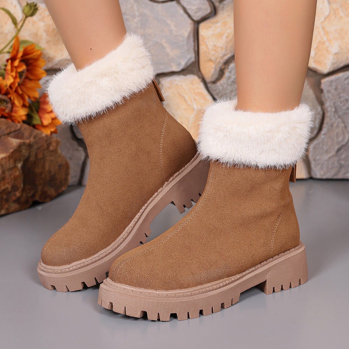 Square - heeled Snow Boots Winter Plus Velvet Platform Plush Shoes Fashion Warm Non - slip Mid - calf Boot For Women - JonaStore