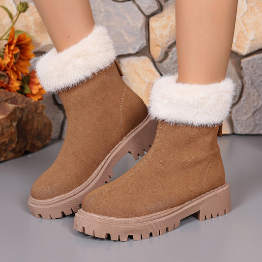 Square - heeled Snow Boots Winter Plus Velvet Platform Plush Shoes Fashion Warm Non - slip Mid - calf Boot For Women - JonaStore