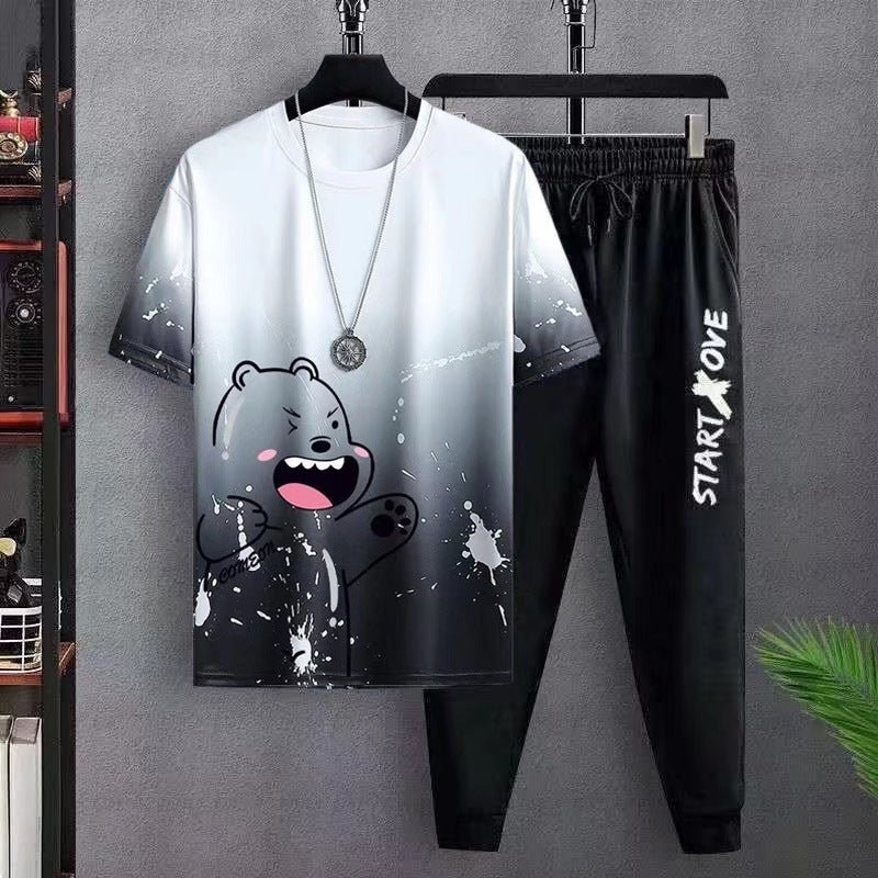 Casual summer sports suit with gradient cartoon bear T-shirt and black joggers with START LOVE text