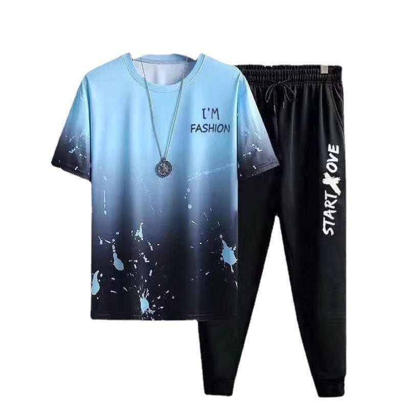 Men's summer sports suit with blue-black splatter short-sleeve T-shirt and black jogger pants with white text