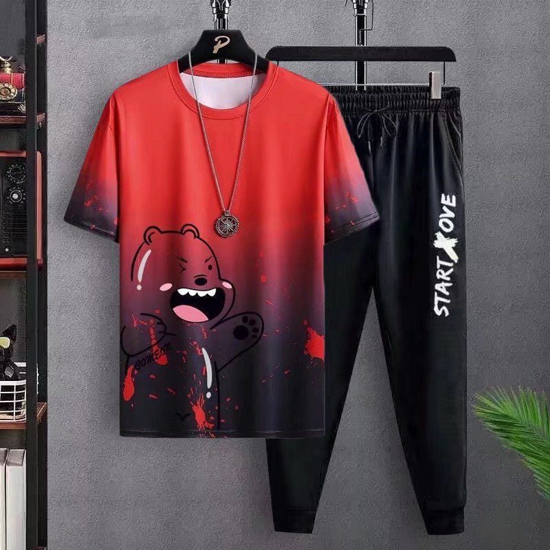 Red and black gradient short-sleeve T-shirt with cartoon bear print and black jogger pants with START LOVE text