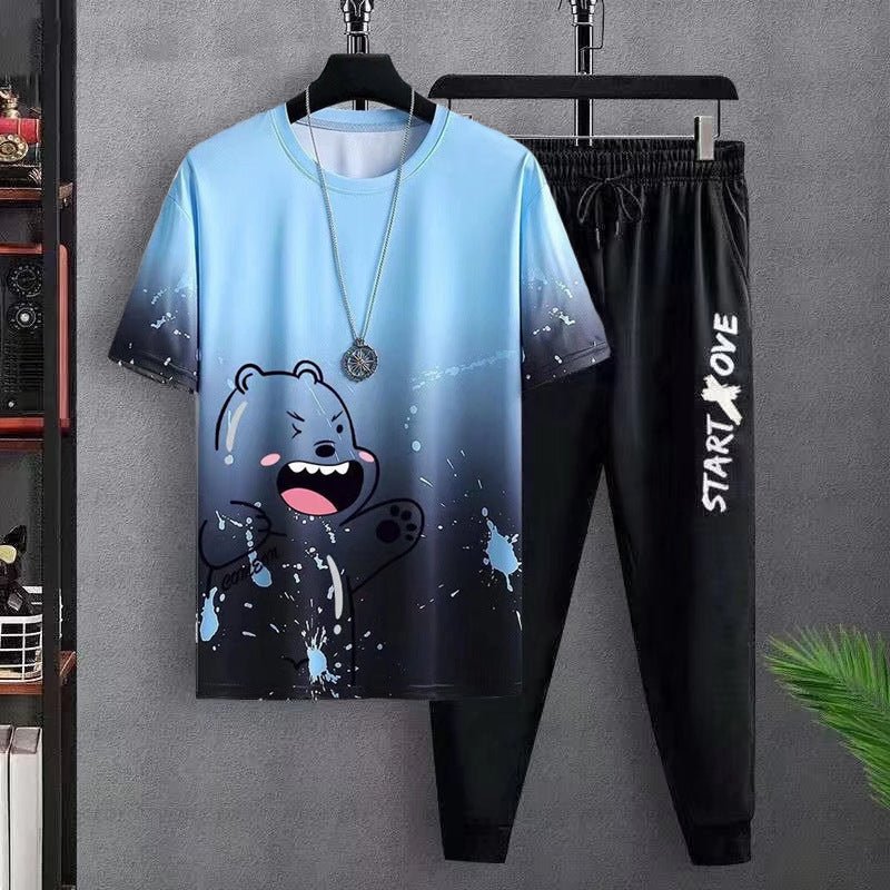 Summer sports suit with blue cartoon bear print T-shirt and black jogger pants with START LOVE text