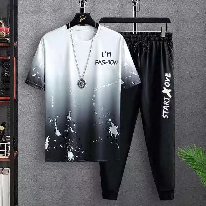 Men's summer fashion set with white to black gradient splatter t-shirt and black jogger pants with Start Love text