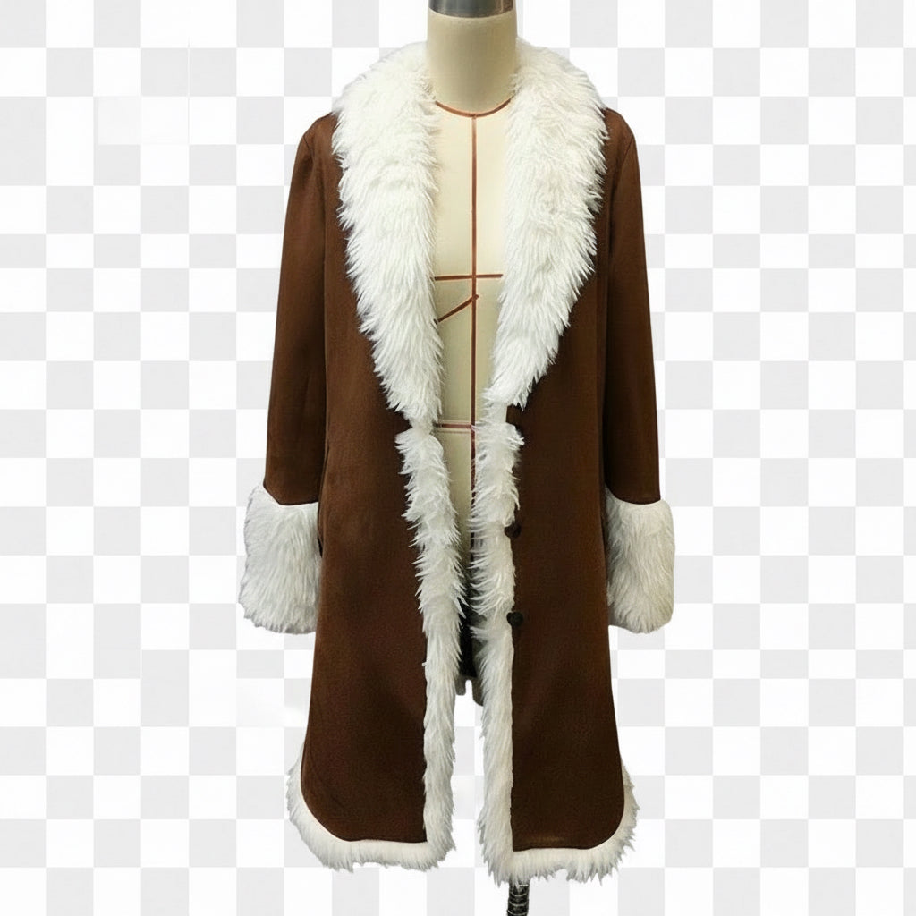 Vintage women's long brown plush coat with white fur collar, cuffs, and hem on mannequin