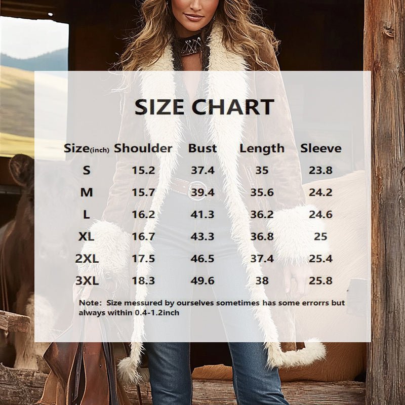 Woman wearing vintage long brown plush coat with white fur collar and cuffs, winter trench jacket