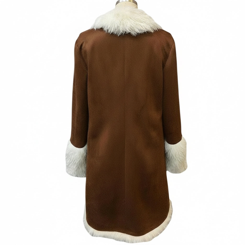 Vintage women's long brown plush coat with white fur collar, cuffs, and hem on mannequin