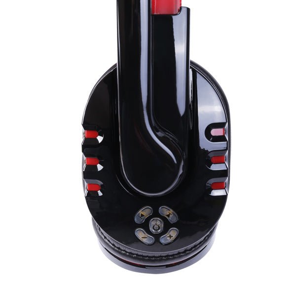 Black wireless Bluetooth headphones with red accents and built-in control buttons on ear cup