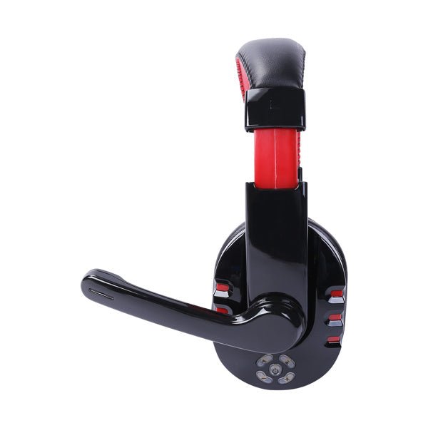 black and red wireless Bluetooth noise-cancelling headset with adjustable microphone arm