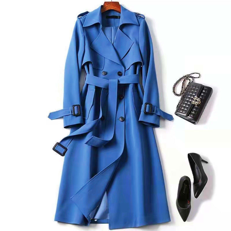 Women's Classic Trench Coat, Solid Color Long Sleeve Belted Mid - Length Jacket With Button Detail For Spring And Fall - JonaStore