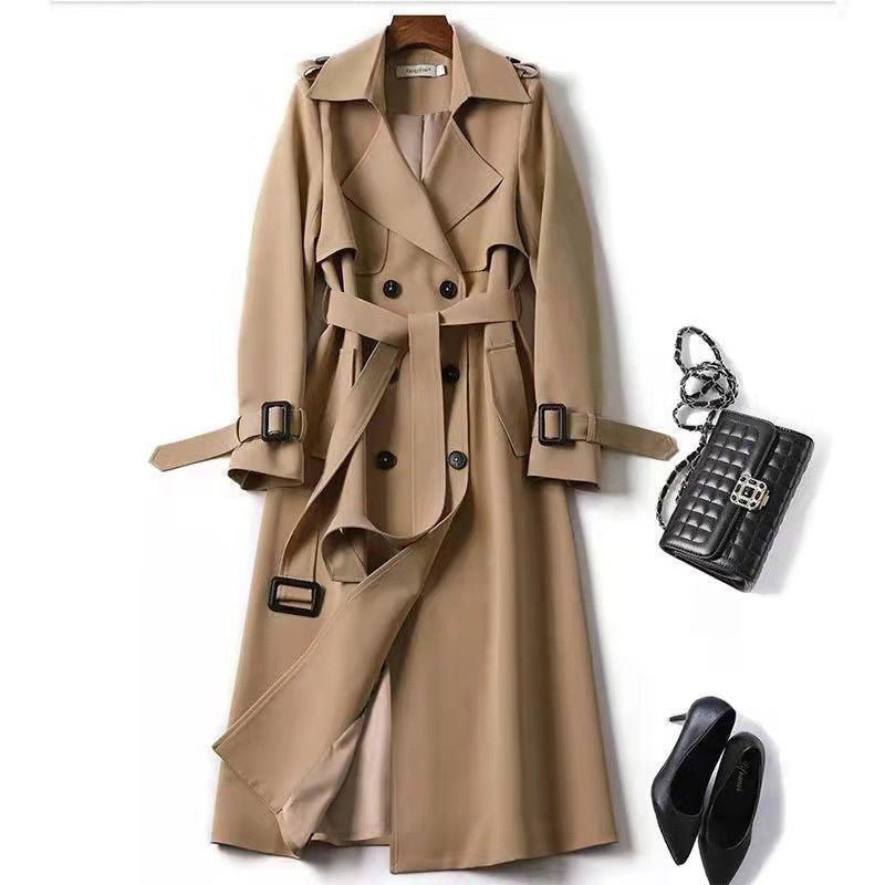 Women's Classic Trench Coat, Solid Color Long Sleeve Belted Mid - Length Jacket With Button Detail For Spring And Fall - JonaStore