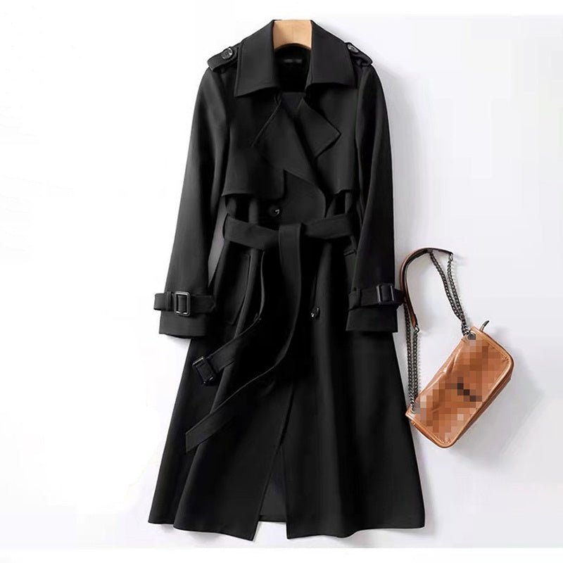 Women's Classic Trench Coat, Solid Color Long Sleeve Belted Mid - Length Jacket With Button Detail For Spring And Fall - JonaStore
