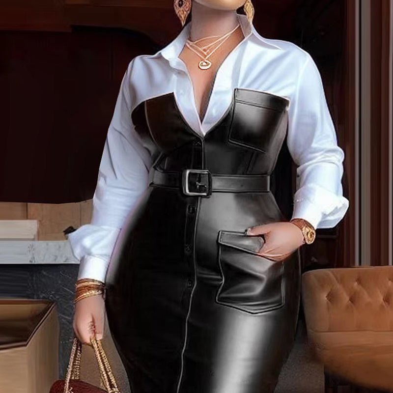 Woman wearing a black leather belted midi dress with large pockets over a white long-sleeve v-neck shirt