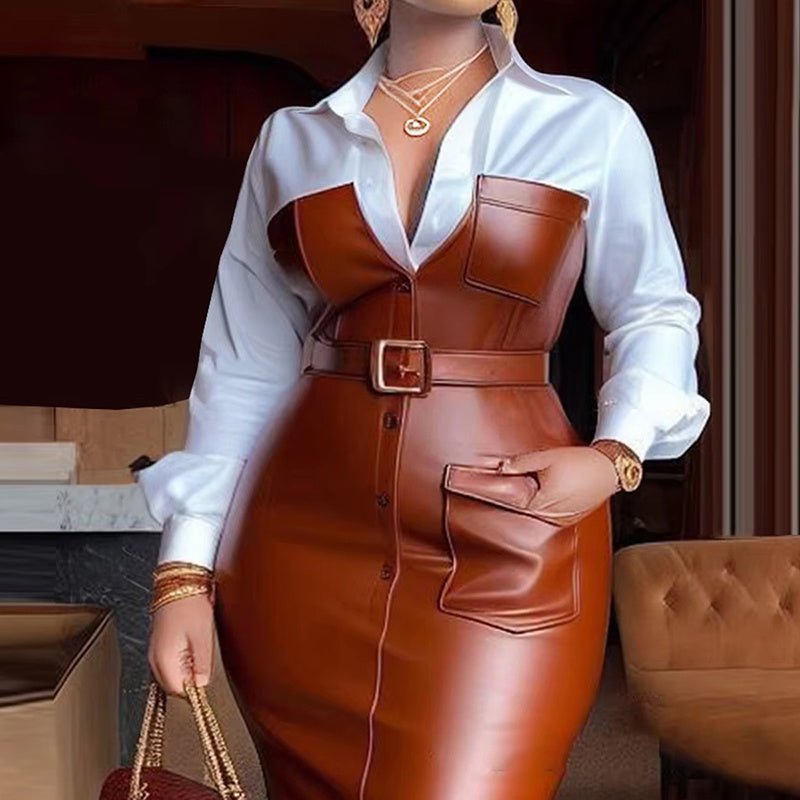 Woman wearing brown leather-trimmed midi dress with V-neck, long white sleeves, belted waist, and pocket detail