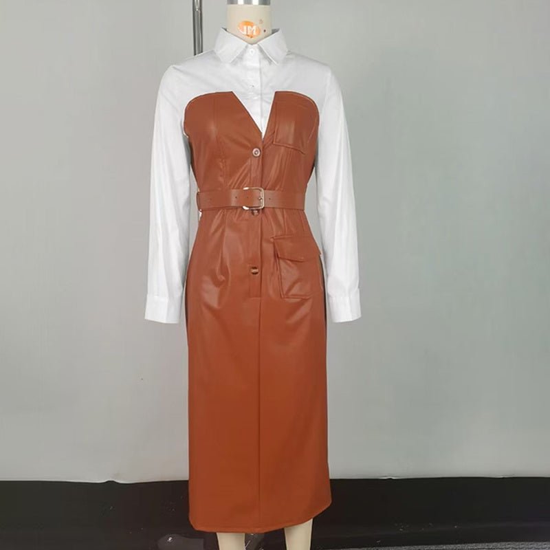 Women’s belted midi dress with white long sleeves and brown leather trim and pockets