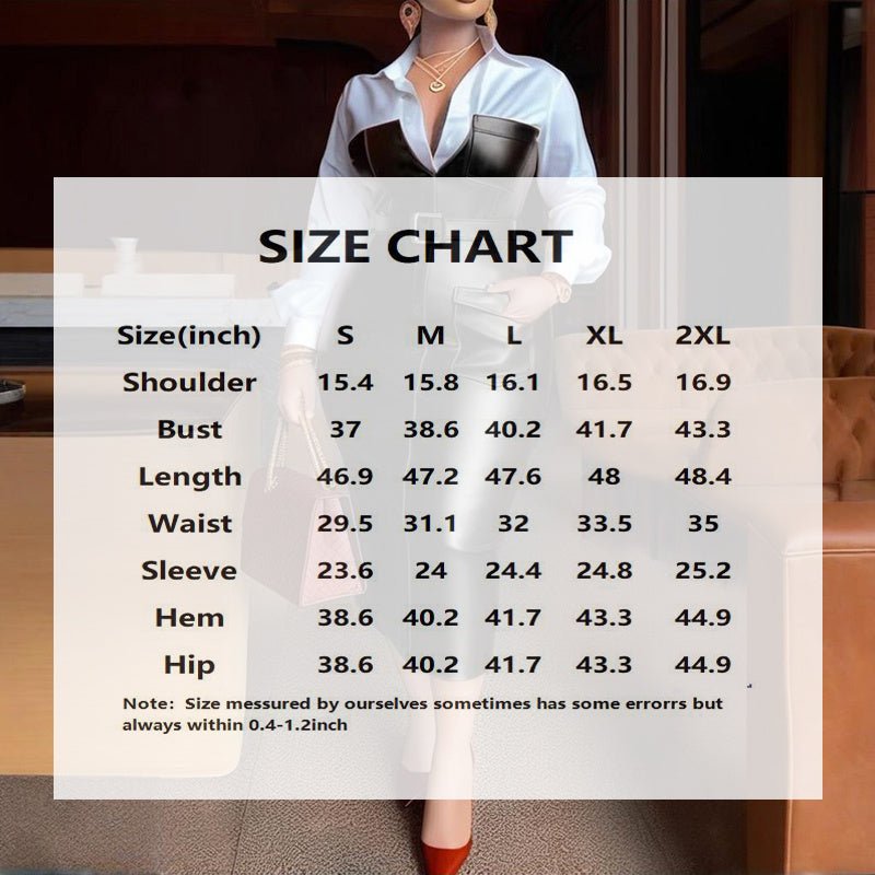 Size chart for women's v-neck long sleeve bodycon midi dress with leather trim and belted waist