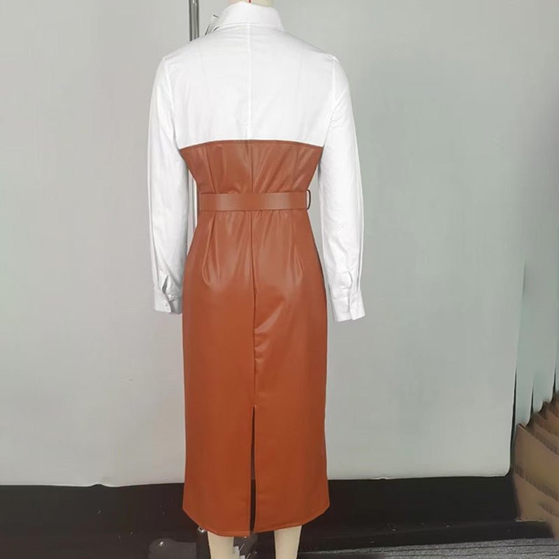 Back view of a white long sleeve shirt dress with brown leather belted midi skirt and back slit