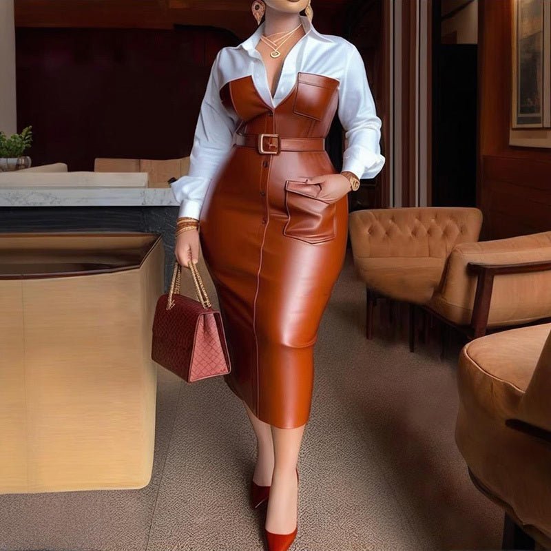 woman wearing brown leather belted midi dress with v-neck and long white sleeves in modern lounge