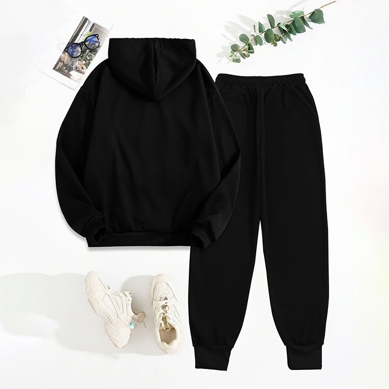 Women's Solid 2 - Piece Set Letter Print Hoodie With Pocket & Drawstring Jogger Pants Casual Tracksuit - JonaStore