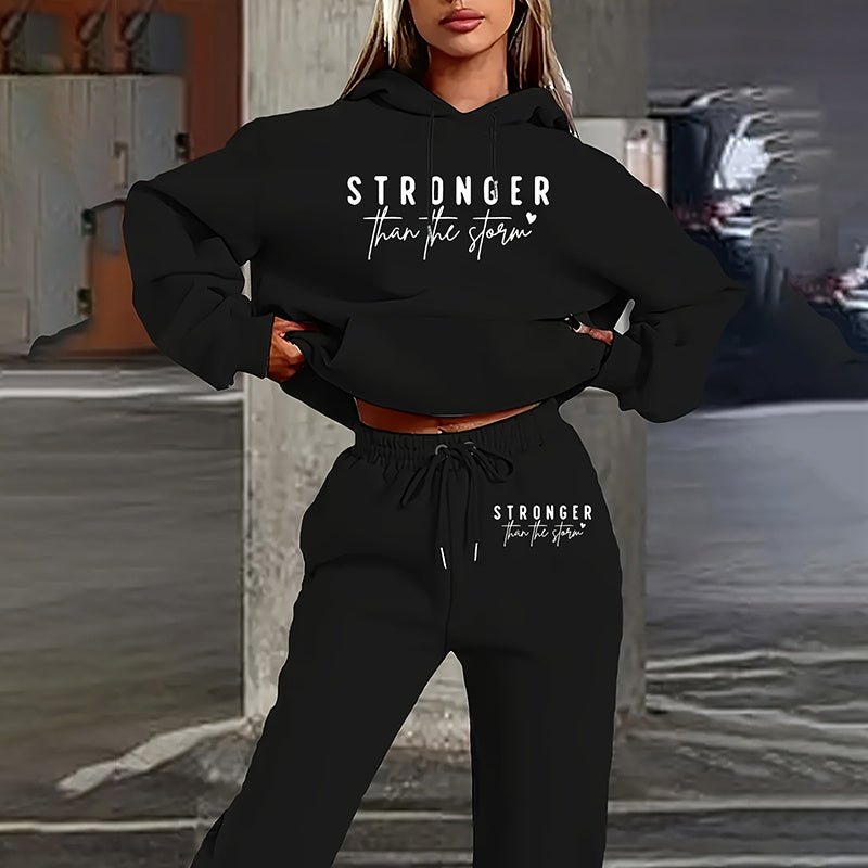 Women's Solid 2 - Piece Set Letter Print Hoodie With Pocket & Drawstring Jogger Pants Casual Tracksuit - JonaStore