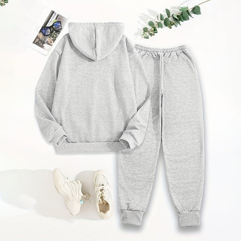 Women's Solid 2 - Piece Set Letter Print Hoodie With Pocket & Drawstring Jogger Pants Casual Tracksuit - JonaStore