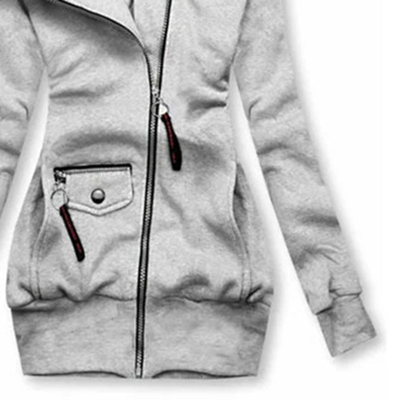 Women's gray zip-front hoodie with drawstring hood, zip and button pockets, slim fit