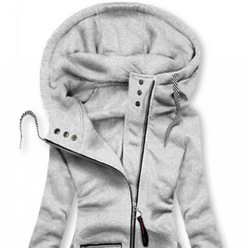 Women's light gray hoodie jacket with front zipper, drawstring hood, and snap buttons