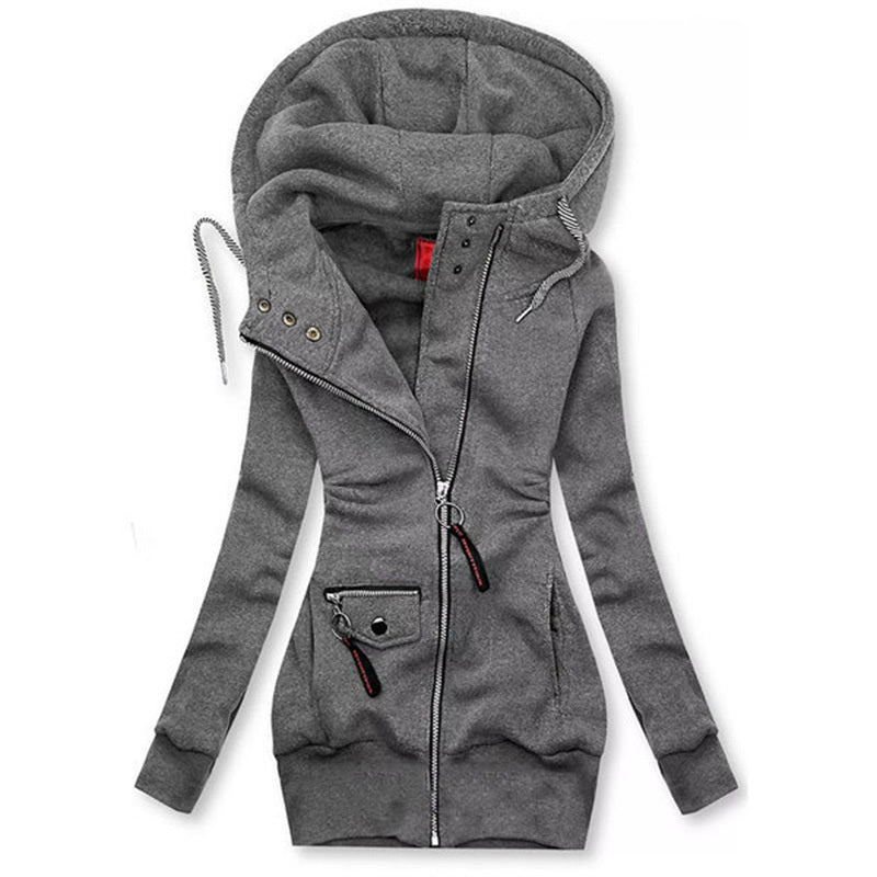 Women's slim fit gray hooded jacket with zipper front, drawstring hood, and zippered pockets