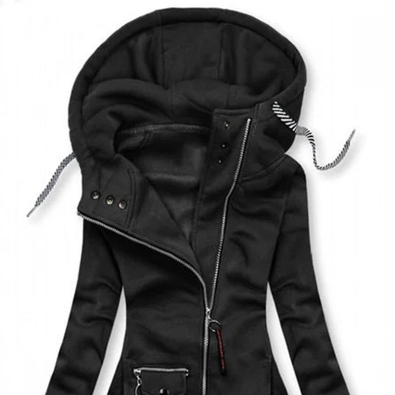 black women's hooded jacket with zip front, drawstring hood, front pocket, slim fit, pleated detail
