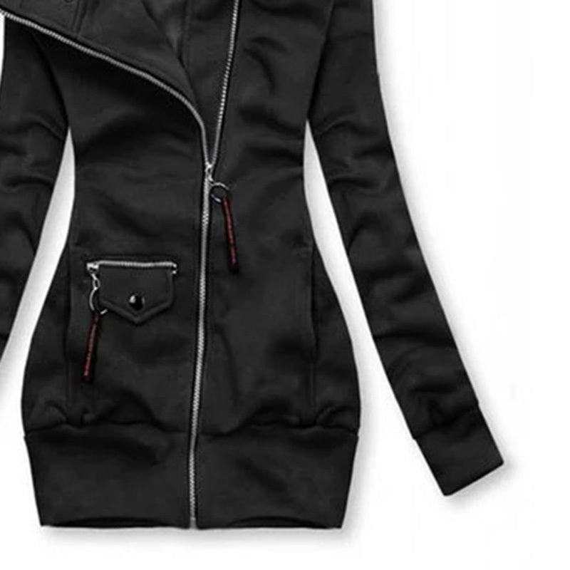black women's slim fit long sleeve jacket with front zipper and zippered pockets