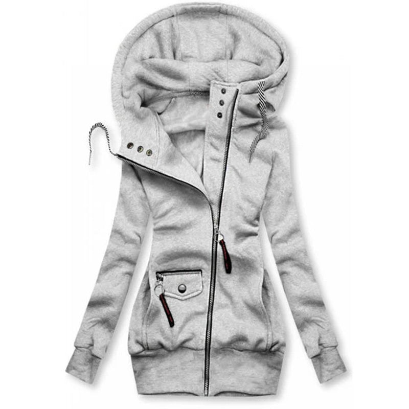 Light gray women's slim-fit long sleeve zip-up hooded jacket with drawstring and front pockets