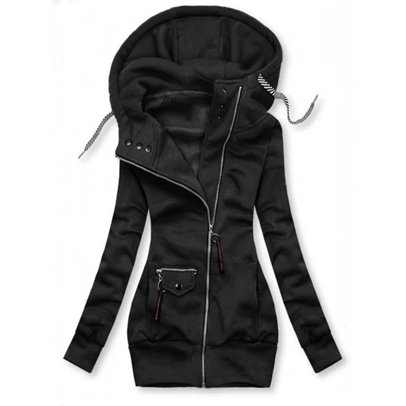 Black women's slim-fit long sleeve hoodie jacket with zipper, drawstring hood, and pocket detail