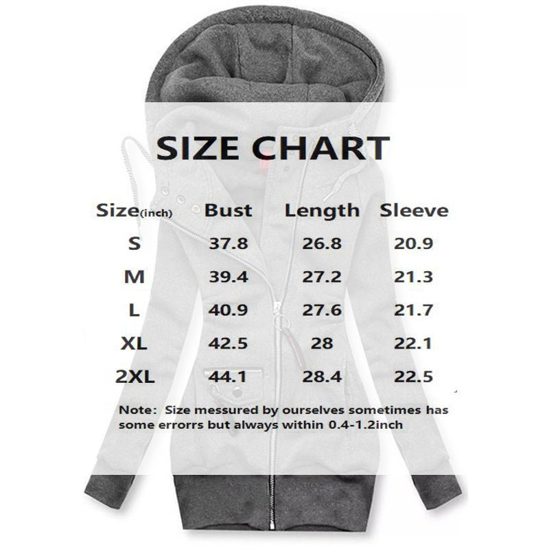 Size chart overlay on women's gray hooded zip-front jacket with pockets and pleated details