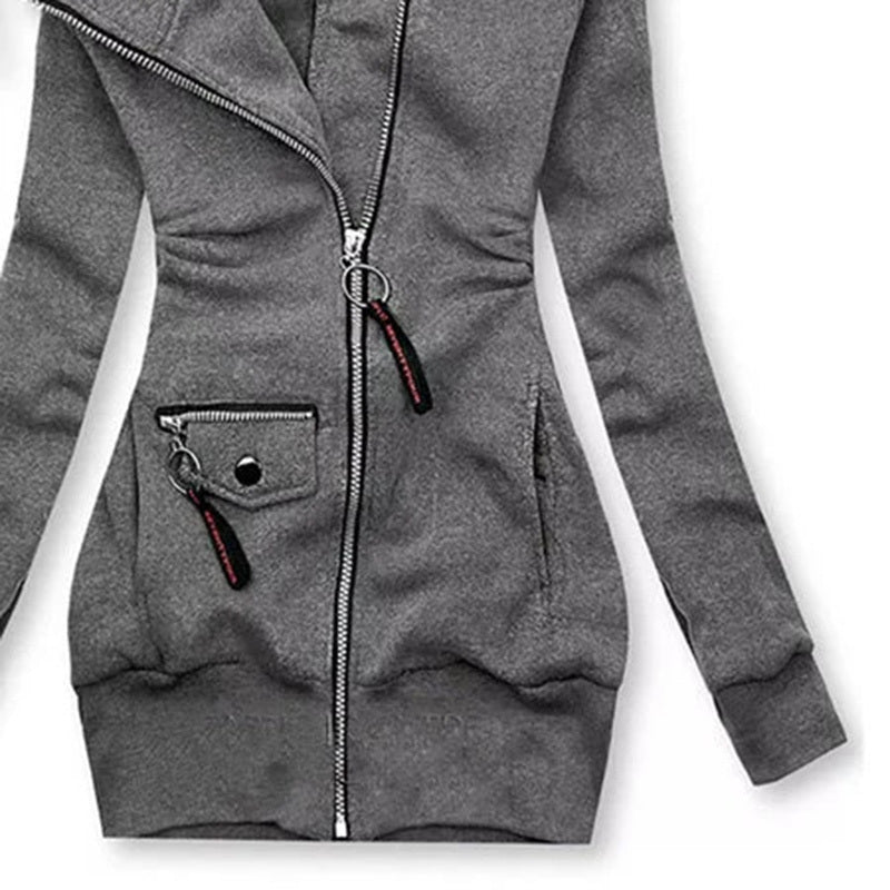 Women's slim-fit grey jacket with zip front, drawstring hood, pleated details, and pockets