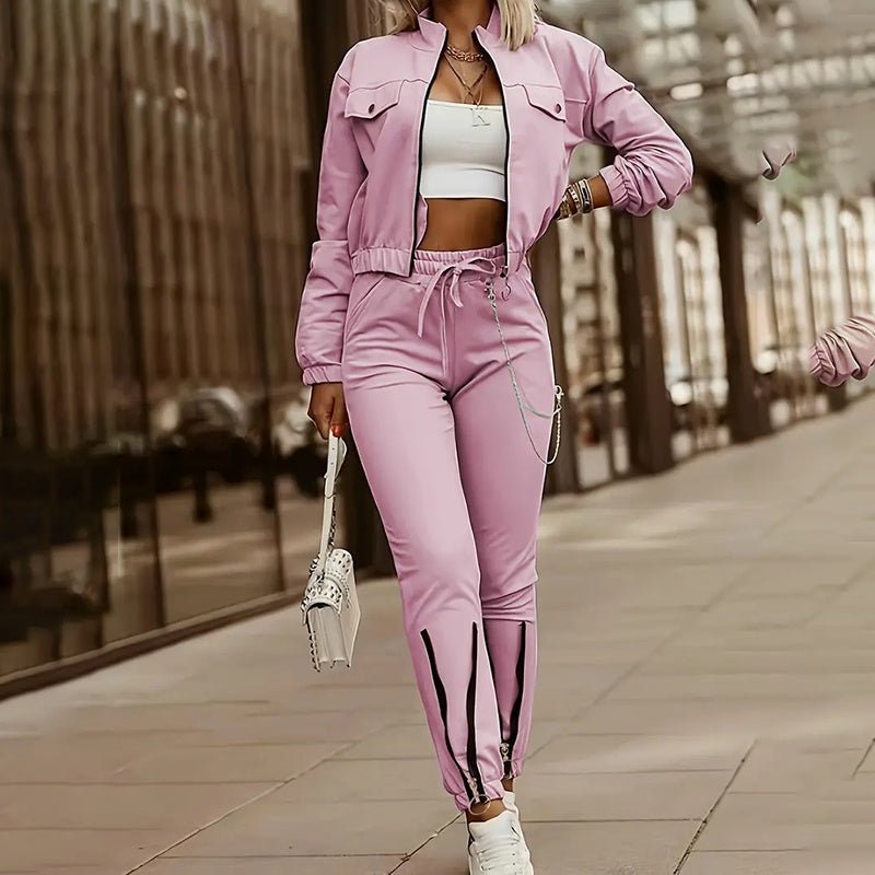 Women's Two Piece Set Cropped Long Sleeve Top With Drawstring Pocket Pants Casual Outfit Zipper Detail Tracksuit - JonaStore
