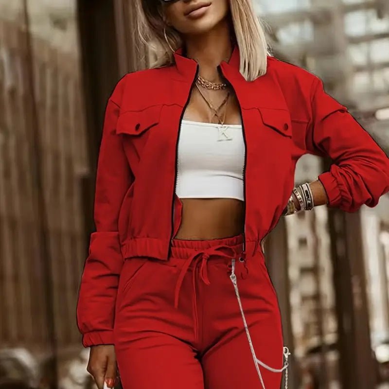 Women's Two Piece Set Cropped Long Sleeve Top With Drawstring Pocket Pants Casual Outfit Zipper Detail Tracksuit - JonaStore