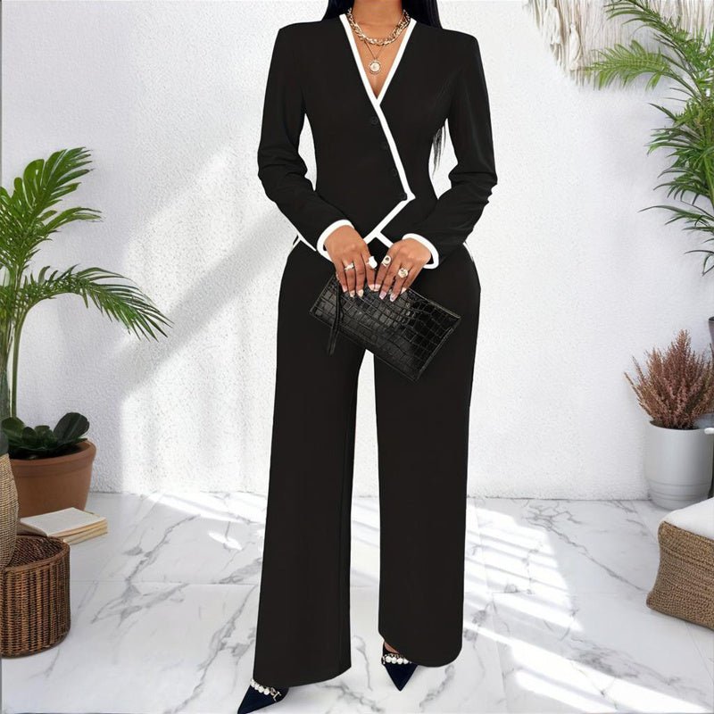 Women's Two - Piece V - Neck Long Sleeve Blouse With Contrast Trim & Straight Leg Wide Pants Set - Office Wear Suit For Spring&Fall - JonaStore