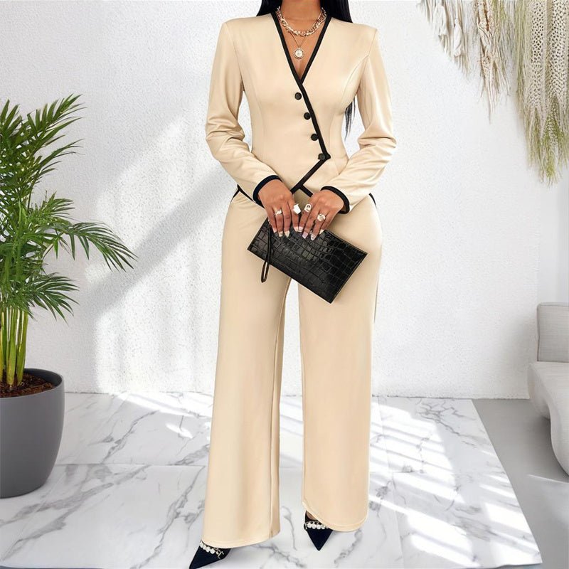 Women's Two - Piece V - Neck Long Sleeve Blouse With Contrast Trim & Straight Leg Wide Pants Set - Office Wear Suit For Spring&Fall - JonaStore