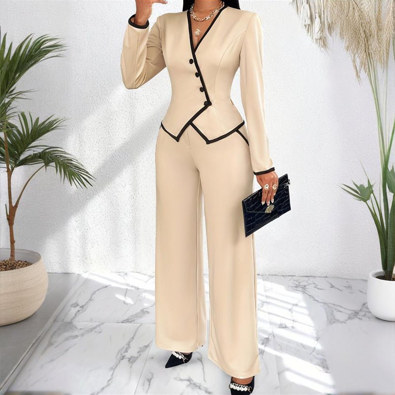 Women's Two - Piece V - Neck Long Sleeve Blouse With Contrast Trim & Straight Leg Wide Pants Set - Office Wear Suit For Spring&Fall - JonaStore