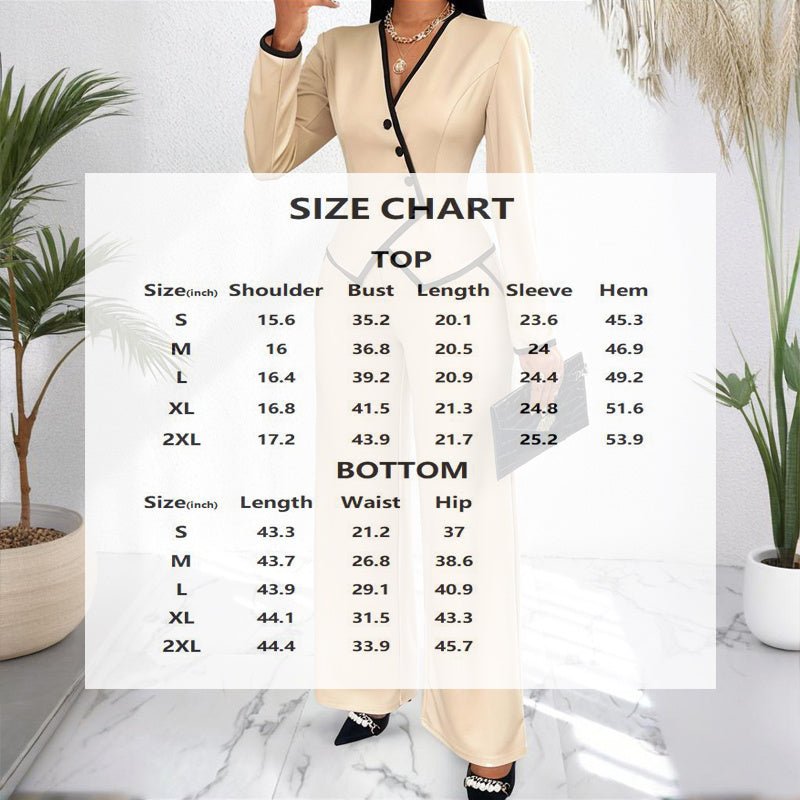 Women's Two - Piece V - Neck Long Sleeve Blouse With Contrast Trim & Straight Leg Wide Pants Set - Office Wear Suit For Spring&Fall - JonaStore