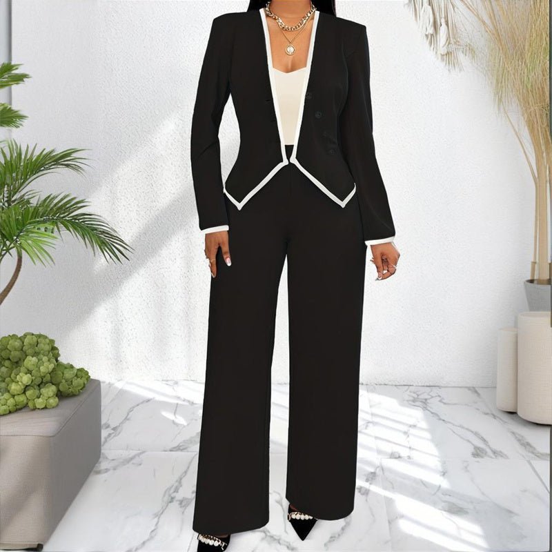 Women's Two - Piece V - Neck Long Sleeve Blouse With Contrast Trim & Straight Leg Wide Pants Set - Office Wear Suit For Spring&Fall - JonaStore
