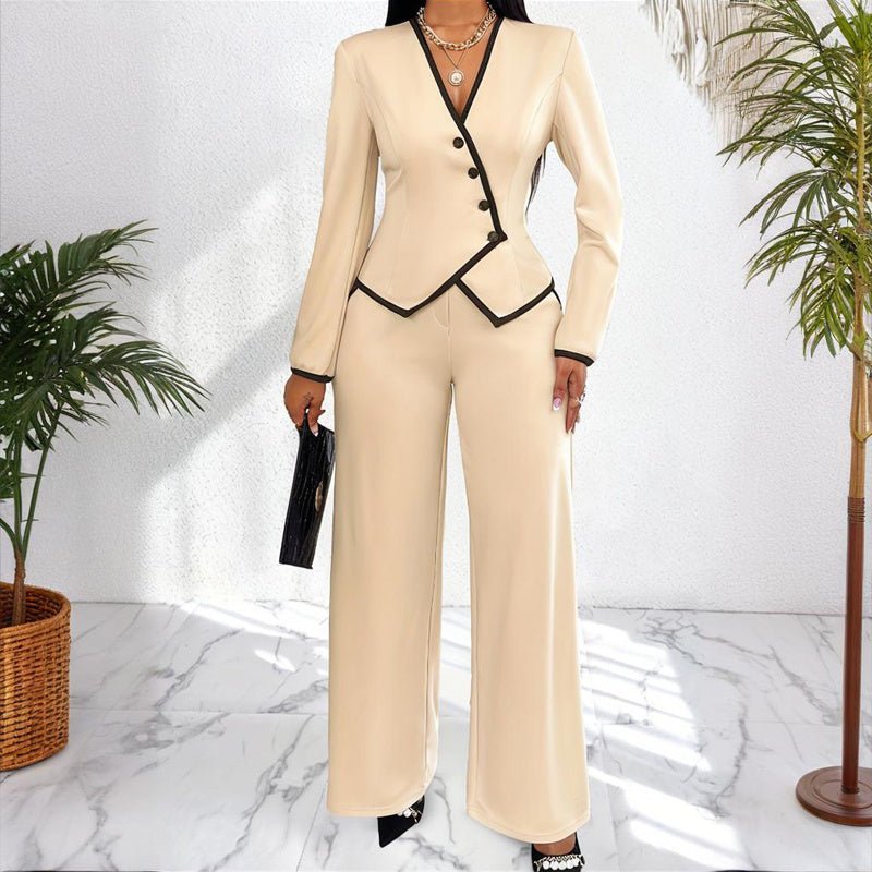 Women's Two - Piece V - Neck Long Sleeve Blouse With Contrast Trim & Straight Leg Wide Pants Set - Office Wear Suit For Spring&Fall - JonaStore
