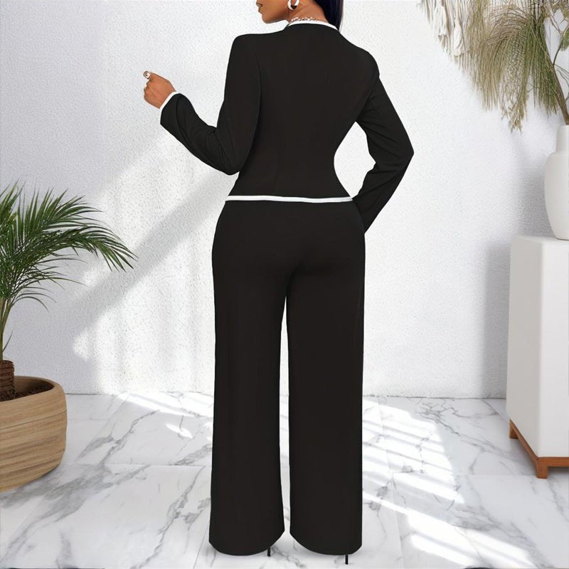 Women's Two - Piece V - Neck Long Sleeve Blouse With Contrast Trim & Straight Leg Wide Pants Set - Office Wear Suit For Spring&Fall - JonaStore
