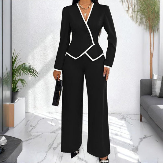 Women's Two - Piece V - Neck Long Sleeve Blouse With Contrast Trim & Straight Leg Wide Pants Set - Office Wear Suit For Spring&Fall - JonaStore