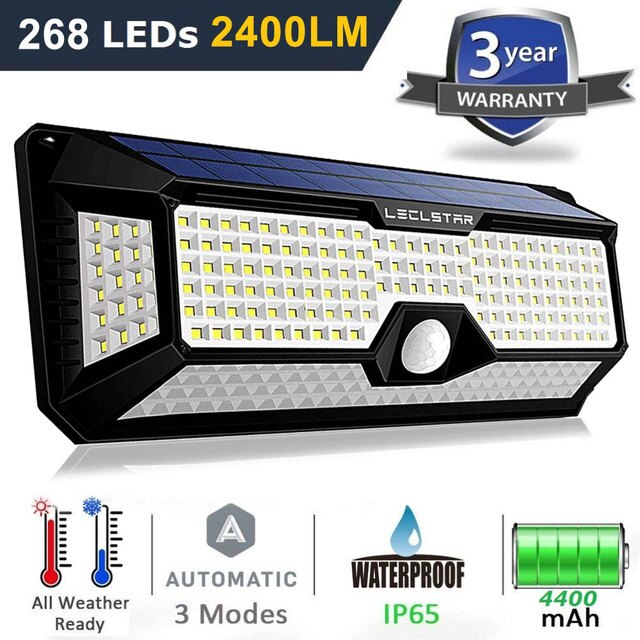 LECLSTAR solar LED wall light with 268 LEDs, 2400 lumens, motion sensor, IP65 waterproof, 4400mAh battery