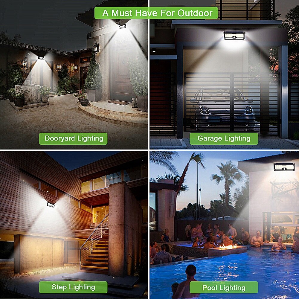 Outdoor solar LED lights illuminating dooryard, garage, steps, and pool areas at night
